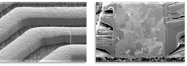 The cross-sectional image of the EcoFlash S300 flash-etched fine conductor trace demonstrates zero undercut and exceptional trace rectangularity