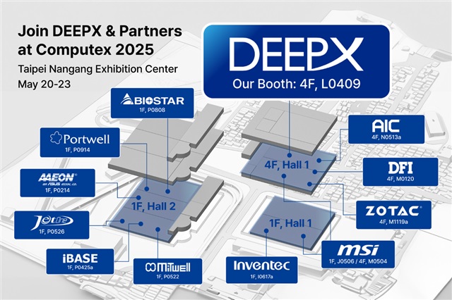The DEEPX booth is located on the 4th floor of Nangang Exhibition Center Hall 2, in the AI & Edge Computing Zone, with additional showcases available
