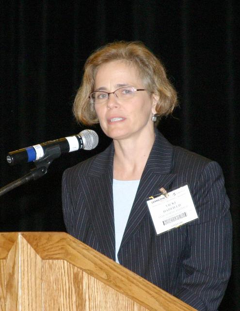 SEMI North America president Victoria Hadfield speaking at SEMICON West 2006, kicks-off press conference